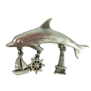 SP Signed Pewter Dolphin Charms Pin Brooch Jewelry‎